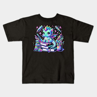 Kawaii Holographic Baby Dragon on Books Chibi Anime Kids T-Shirt